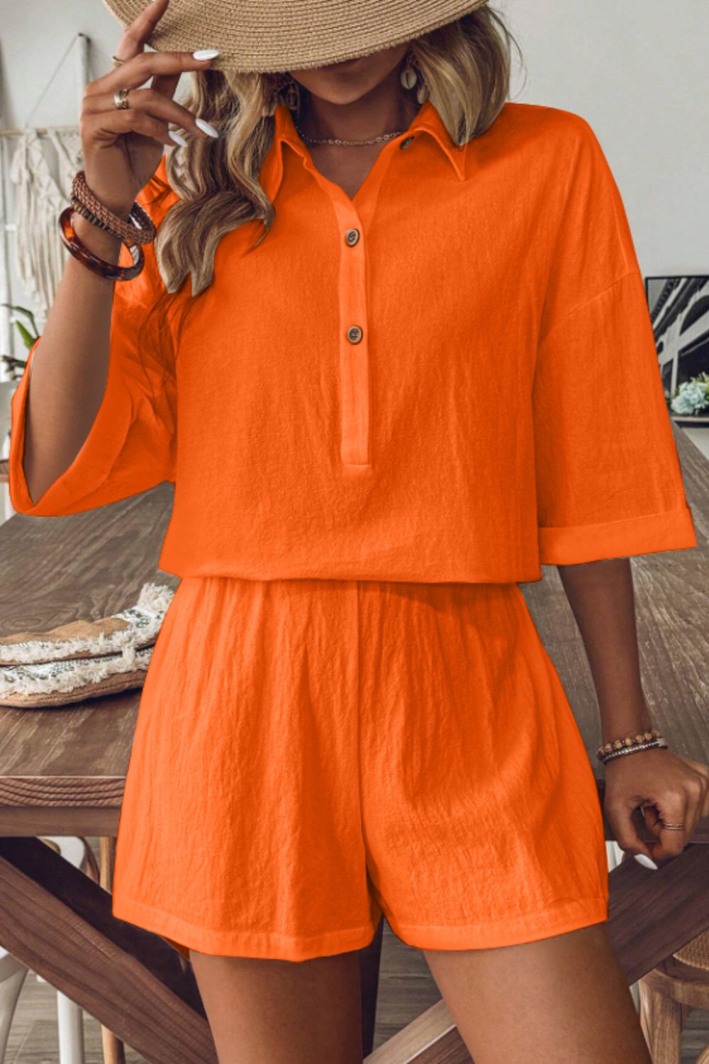 Cotton Collared Neck Half Sleeve Top and Shorts Set