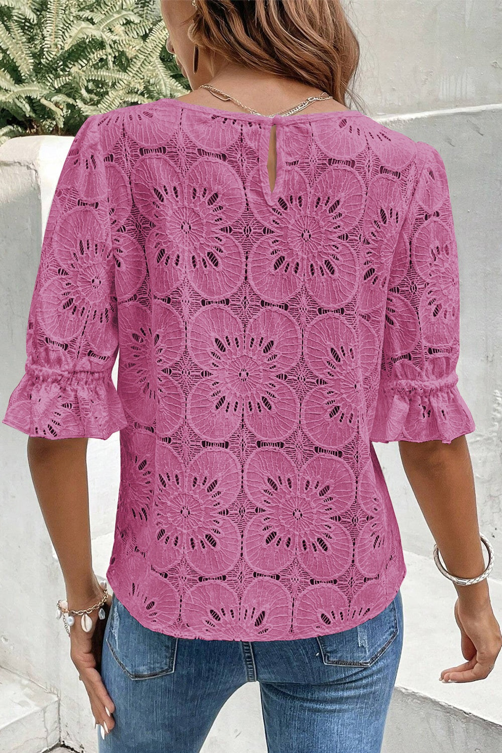 Round Neck Flounce Sleeve Cotton Blouse