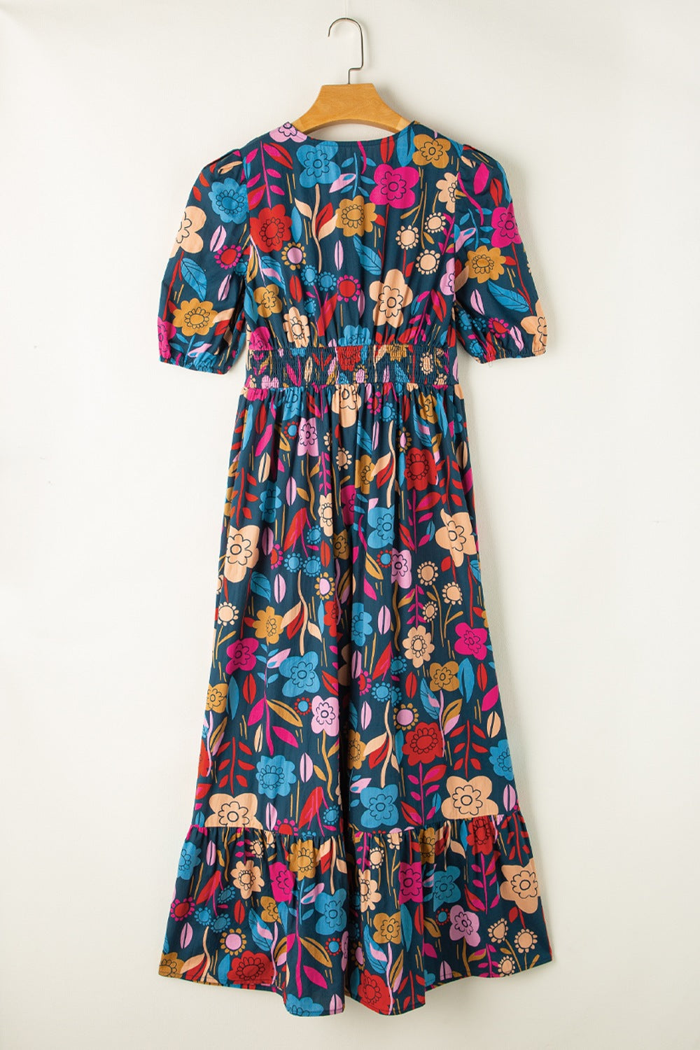 Cotton Floral Printed Notched Puff Sleeve Midi Dress