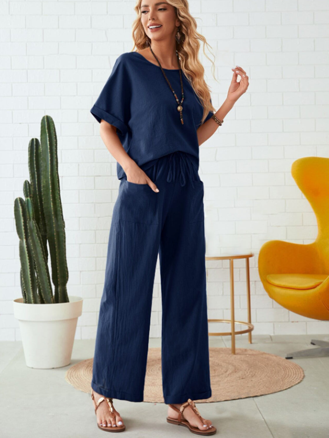 Cotton Half Sleeve Top and Pocketed Pants Set