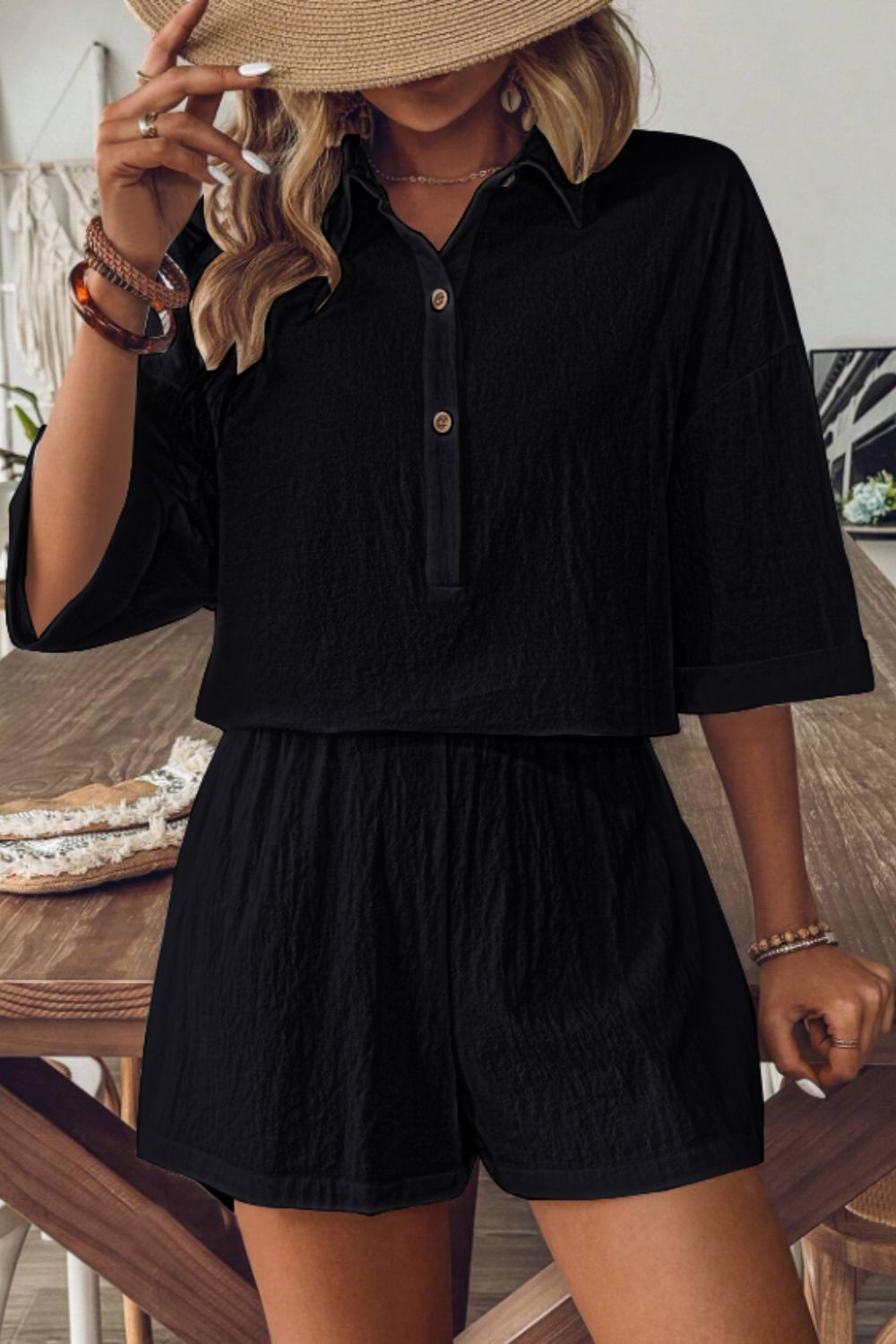 Cotton Collared Neck Half Sleeve Top and Shorts Set