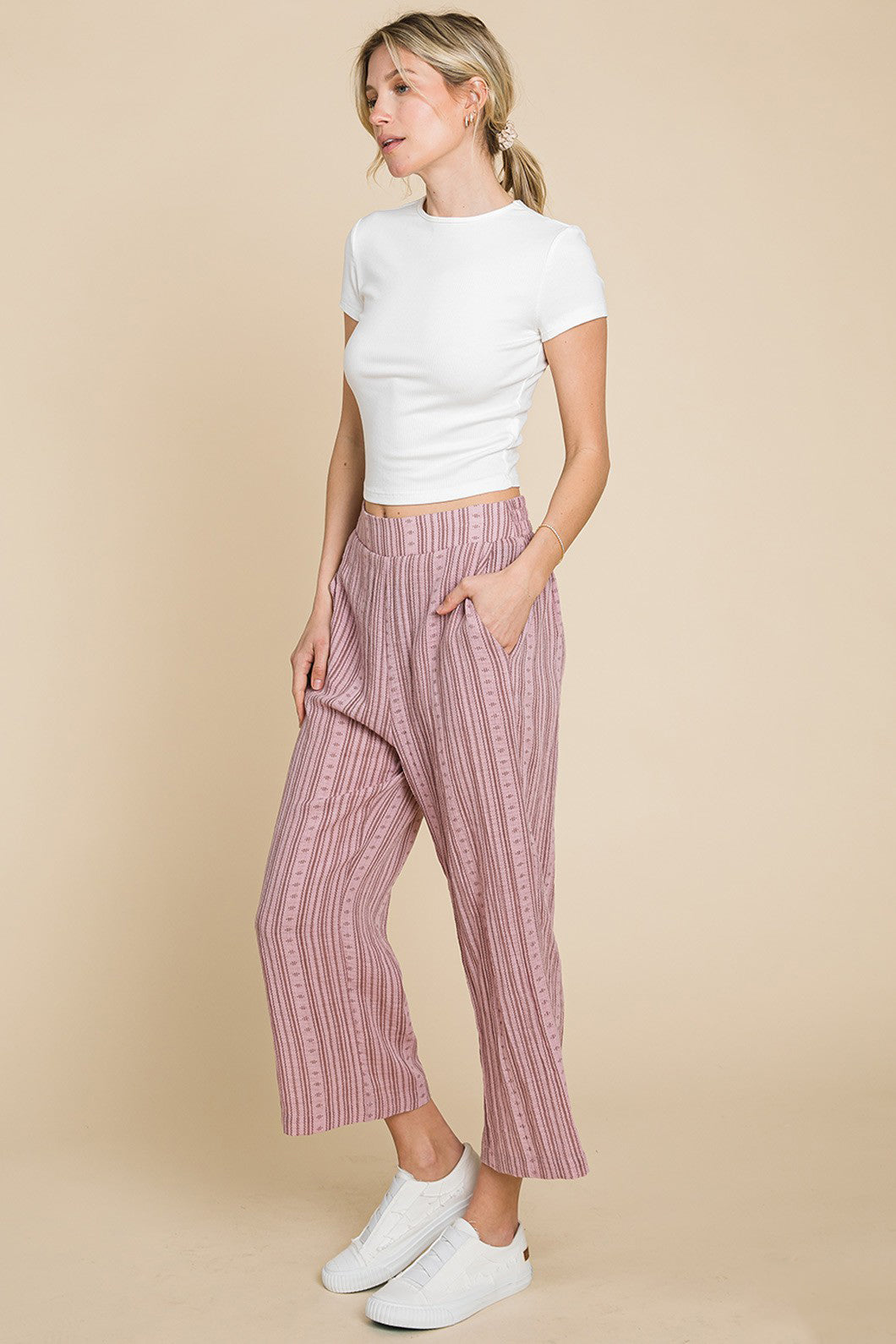 Cotton Striped Elastic Waist Wide Leg Pants