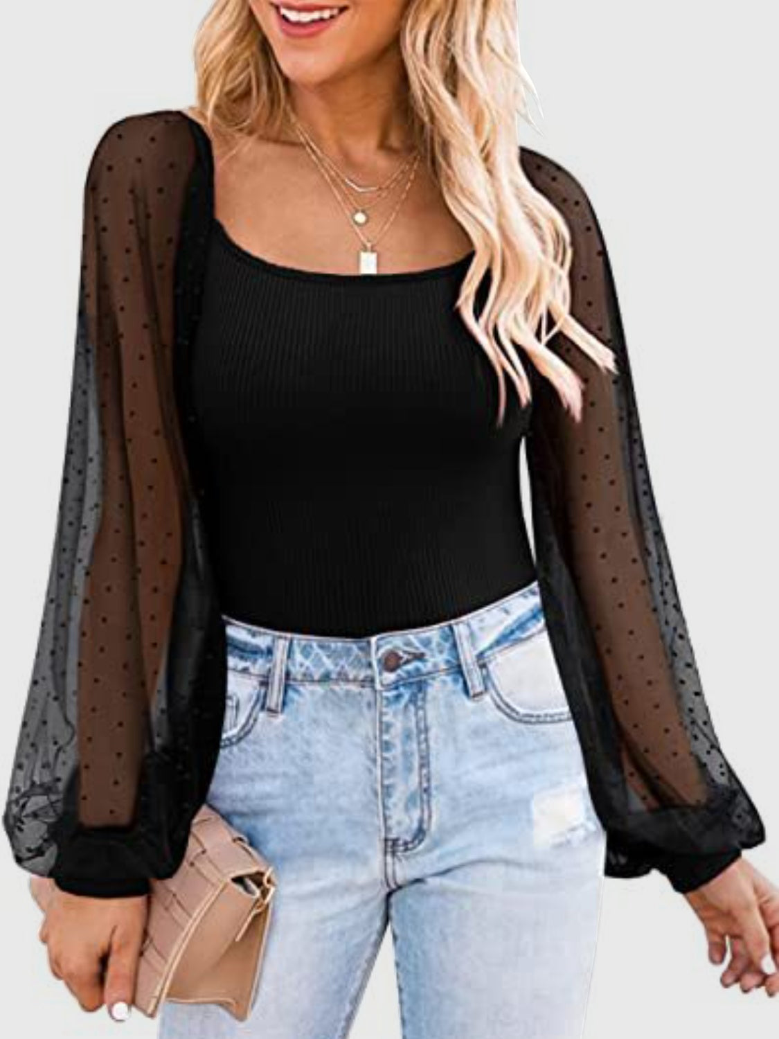 Cotton Square Neck Lantern Sleeve Blouse