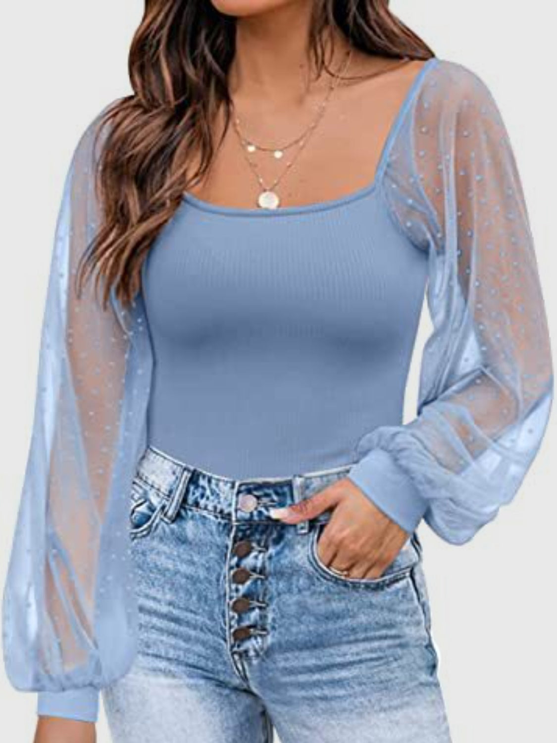 Cotton Square Neck Lantern Sleeve Blouse