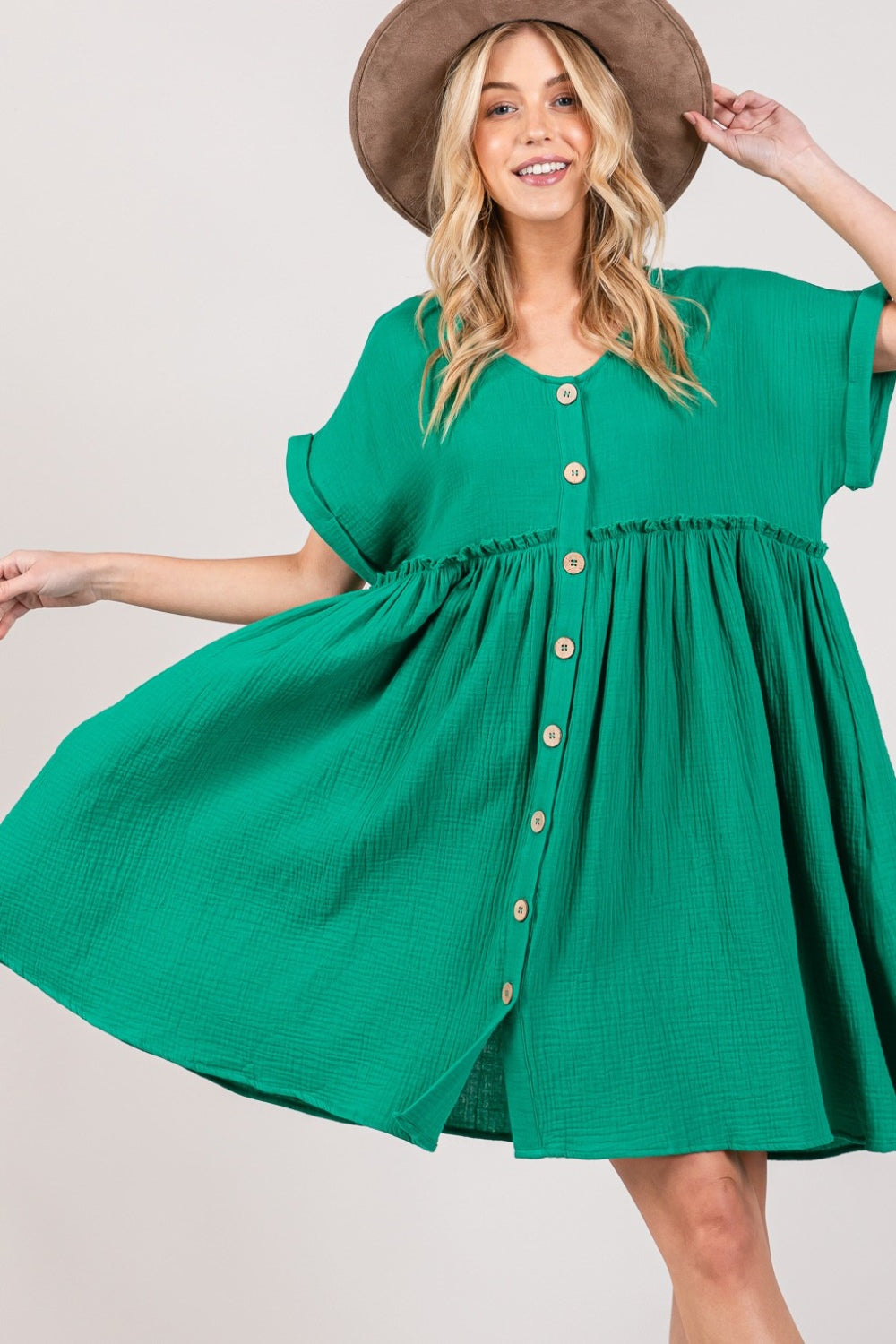 Button Up Short Sleeve Cotton Dress