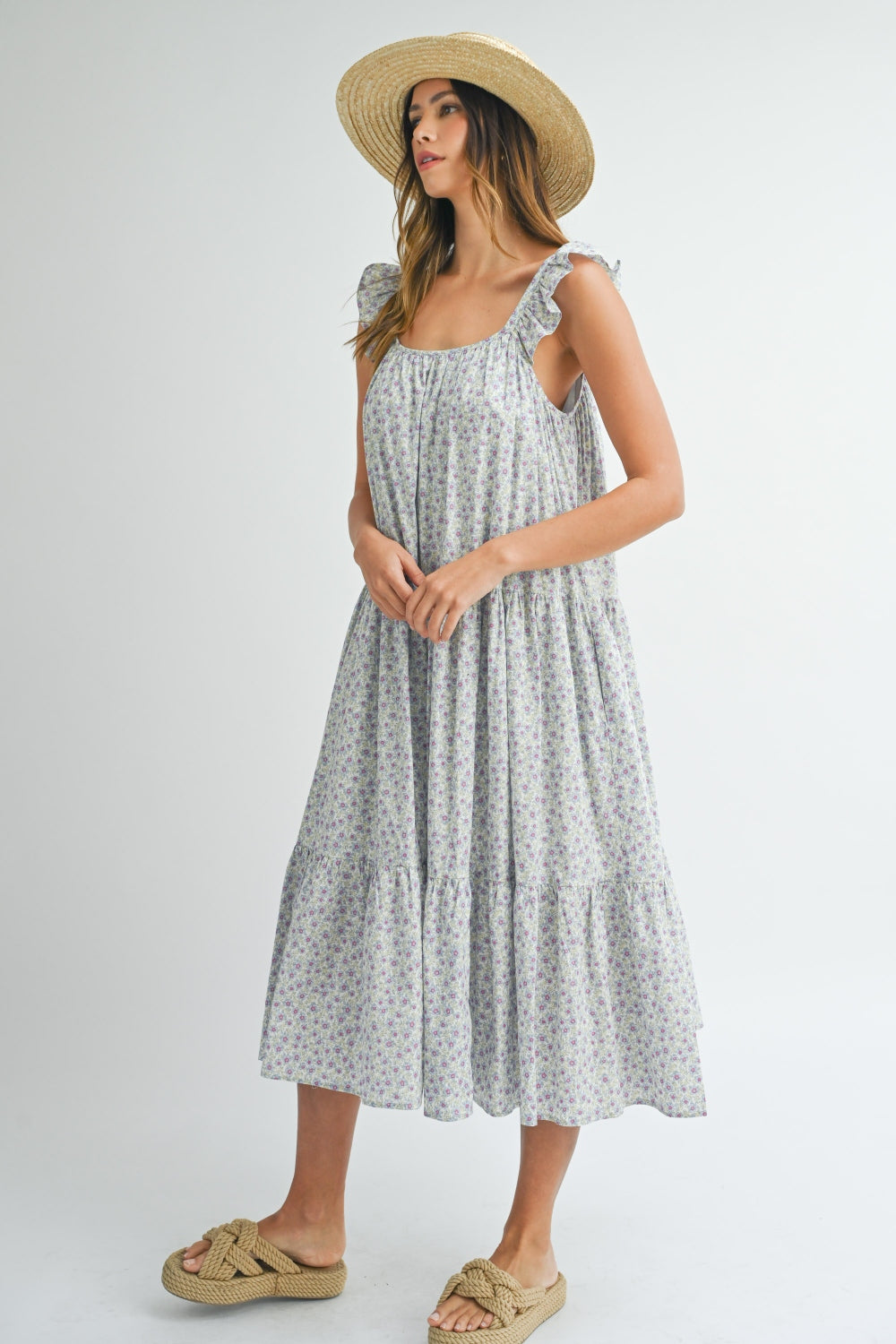 Cotton Floral Ruffle Shoulder Tiered Midi Dress