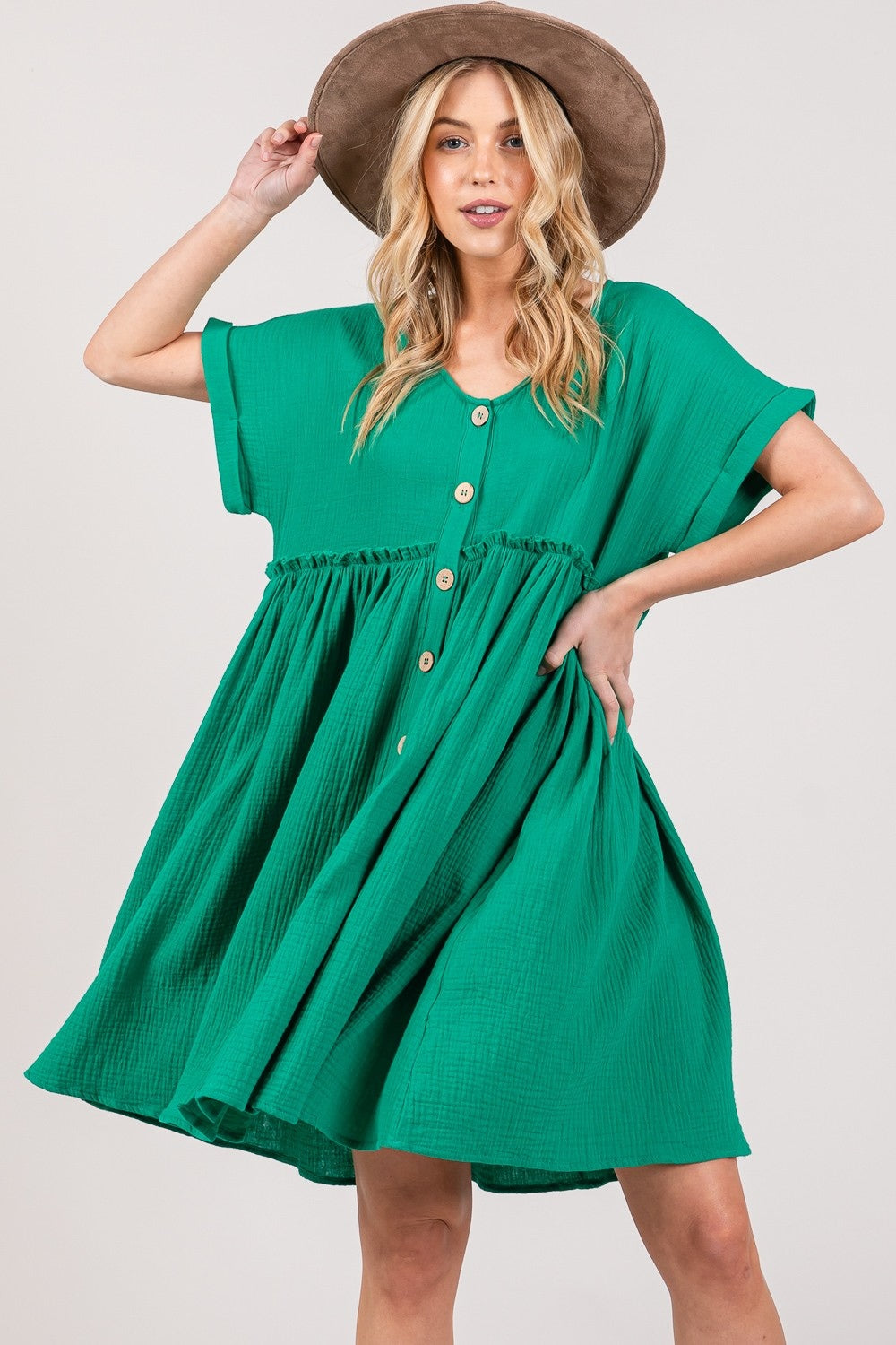Button Up Short Sleeve Cotton Dress