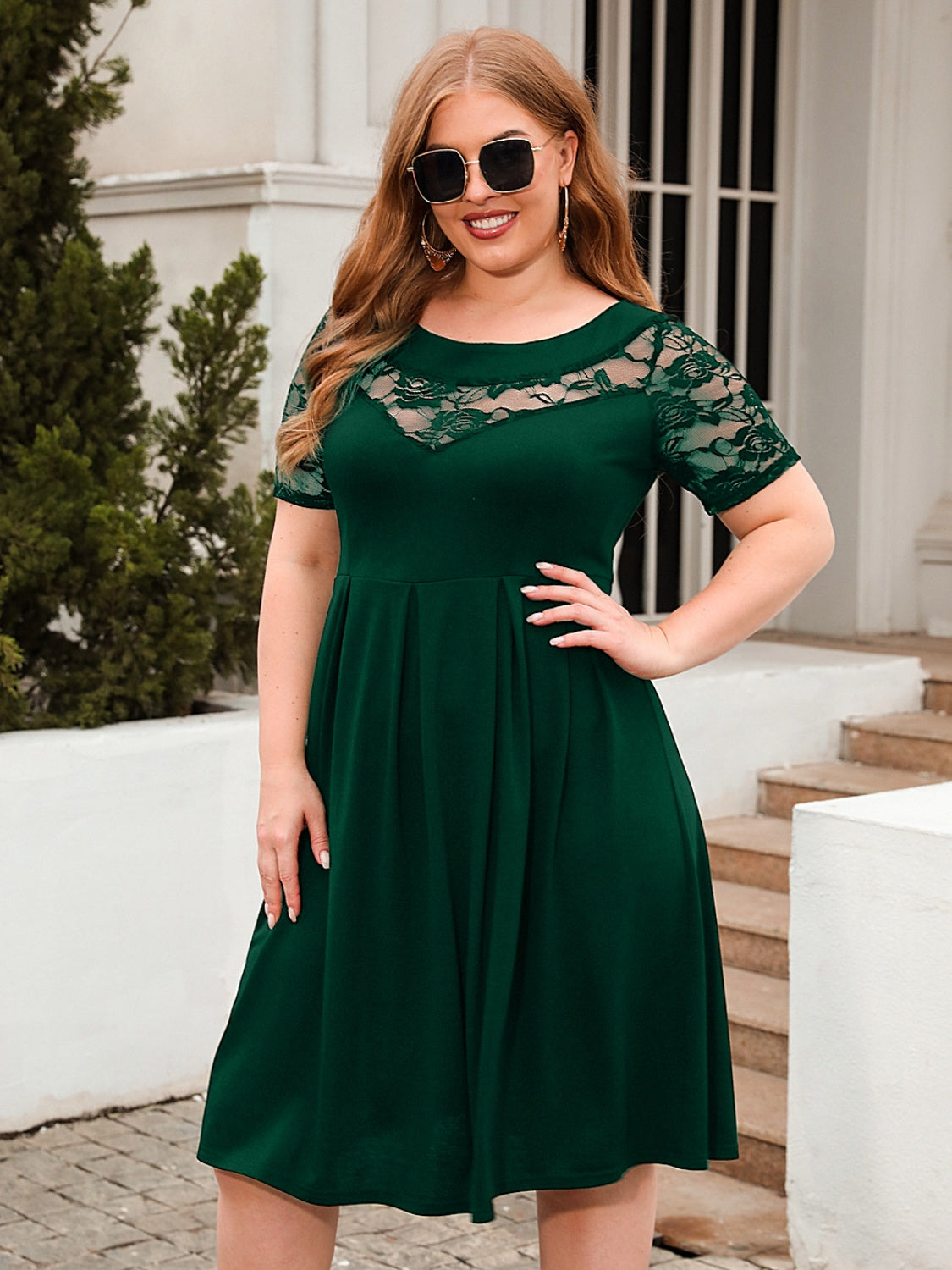Plus Size Ruched Round Neck Short Sleeve Cotton Dress