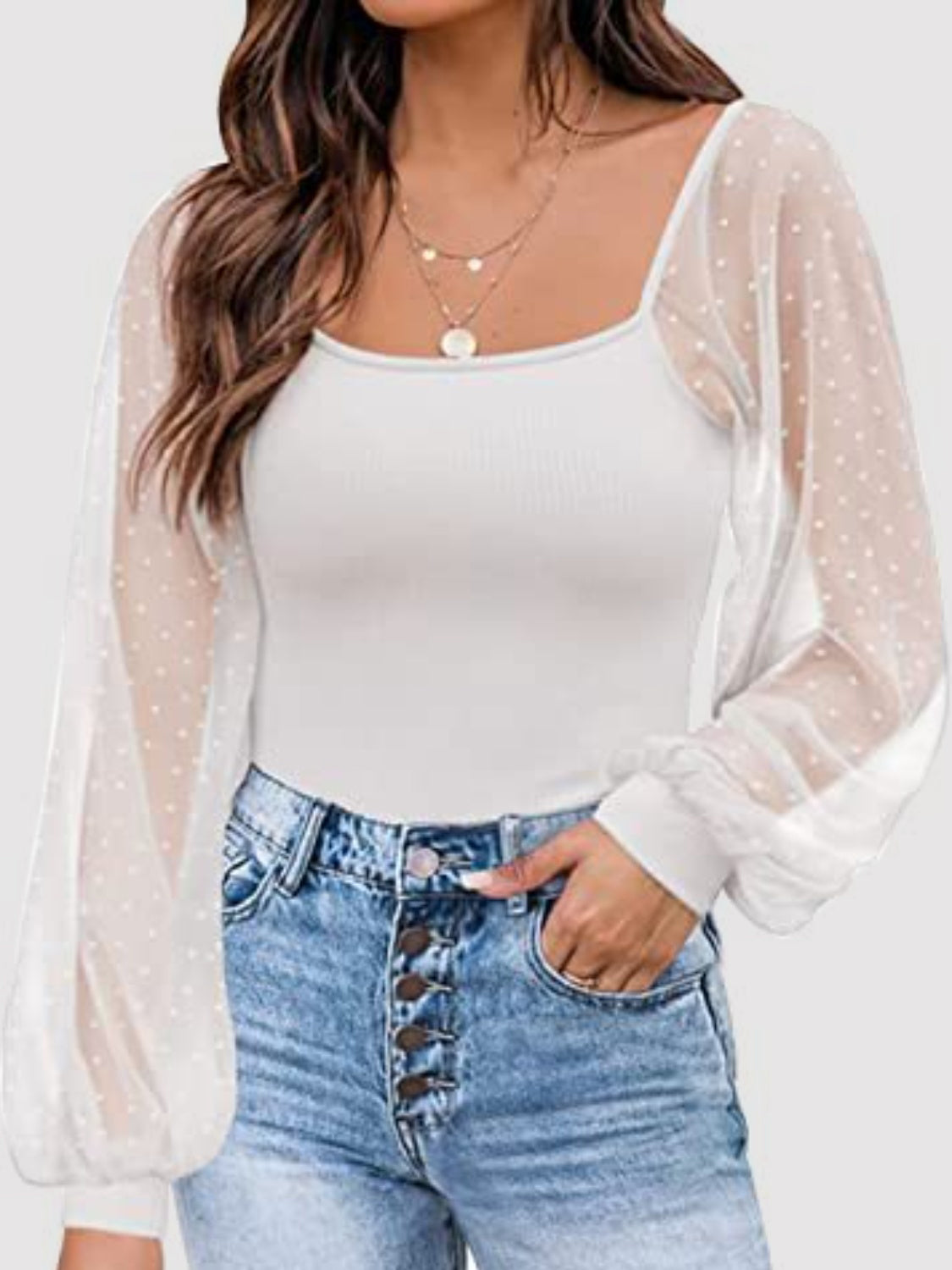 Cotton Square Neck Lantern Sleeve Blouse