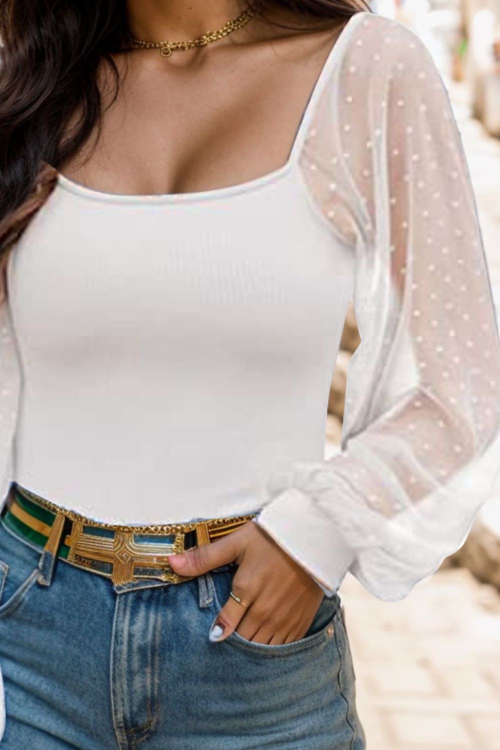 Cotton Square Neck Lantern Sleeve Blouse
