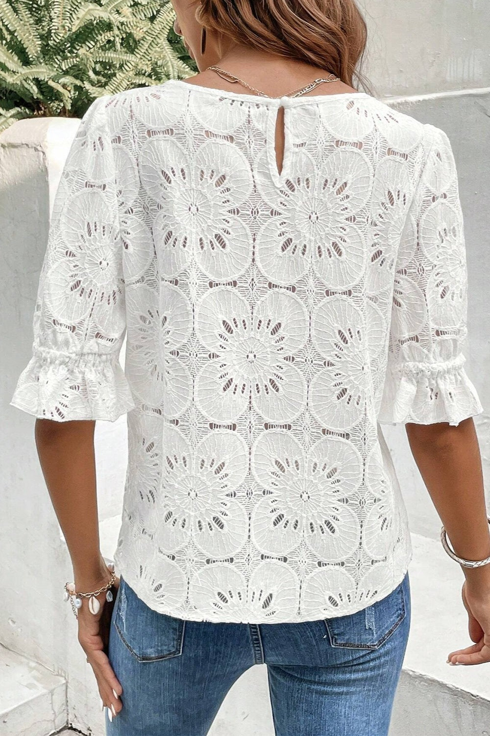 Round Neck Flounce Sleeve Cotton Blouse
