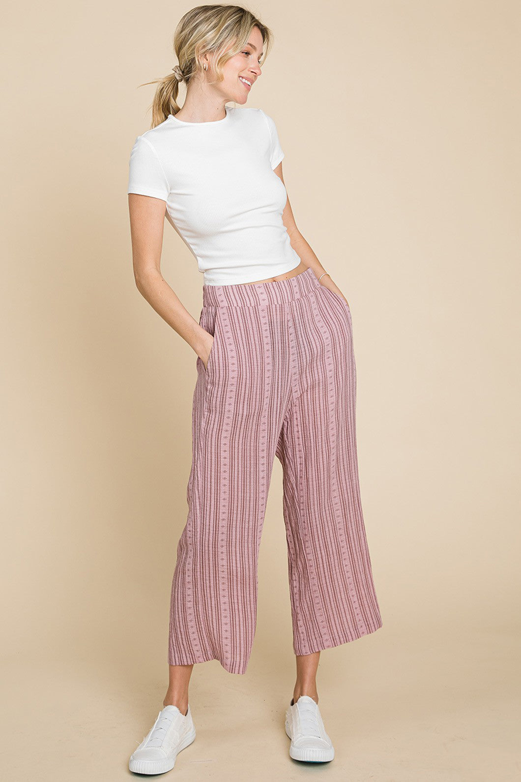 Cotton Striped Elastic Waist Wide Leg Pants