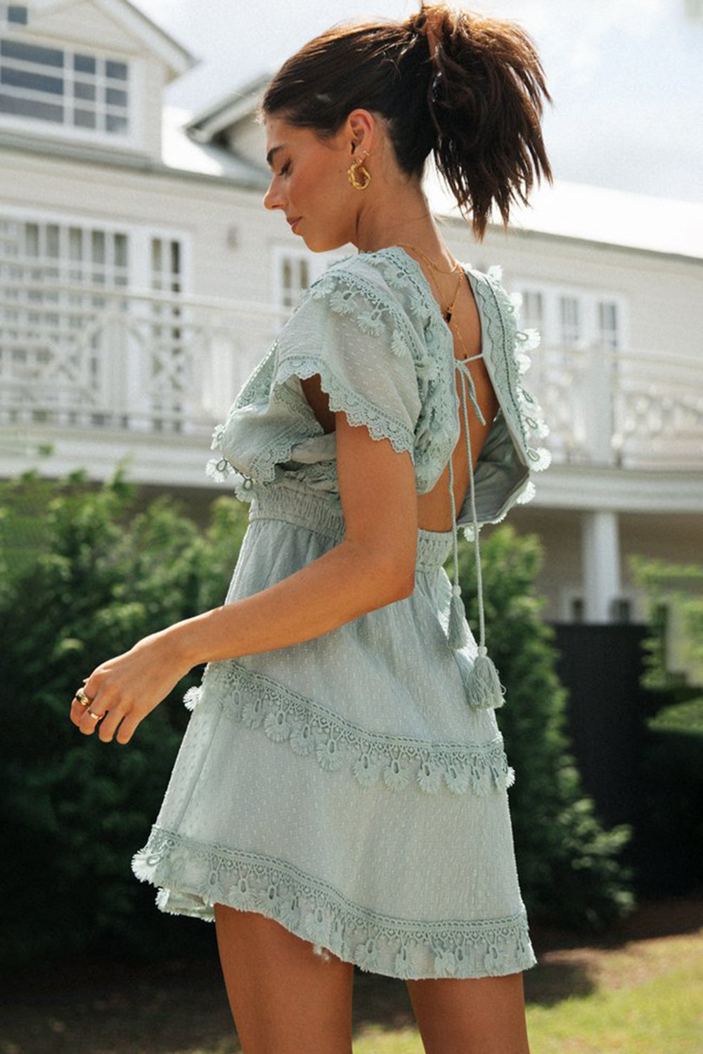 Cotton Plunge Short Sleeve Mini Dress