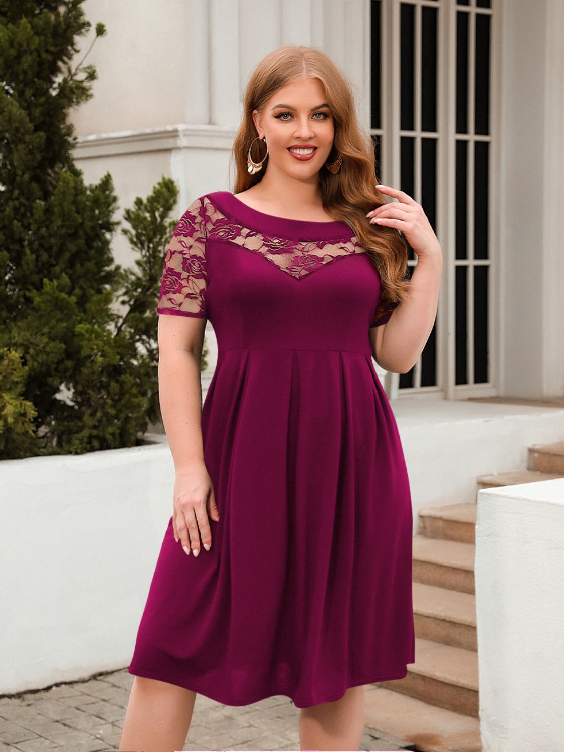 Plus Size Ruched Round Neck Short Sleeve Cotton Dress
