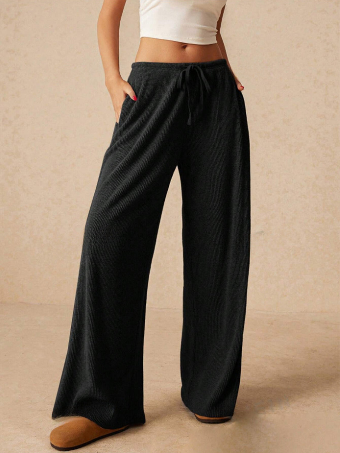Ribbed Drawstring Wide Leg Cotton Pants