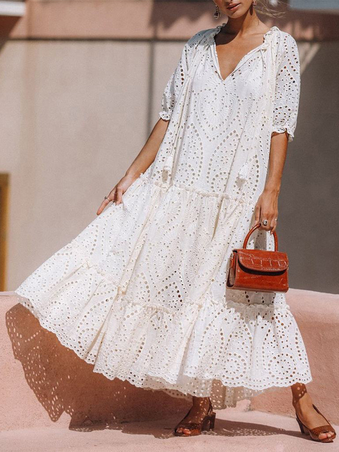 Tie Neck Half Sleeve Tiered Cotton Dress