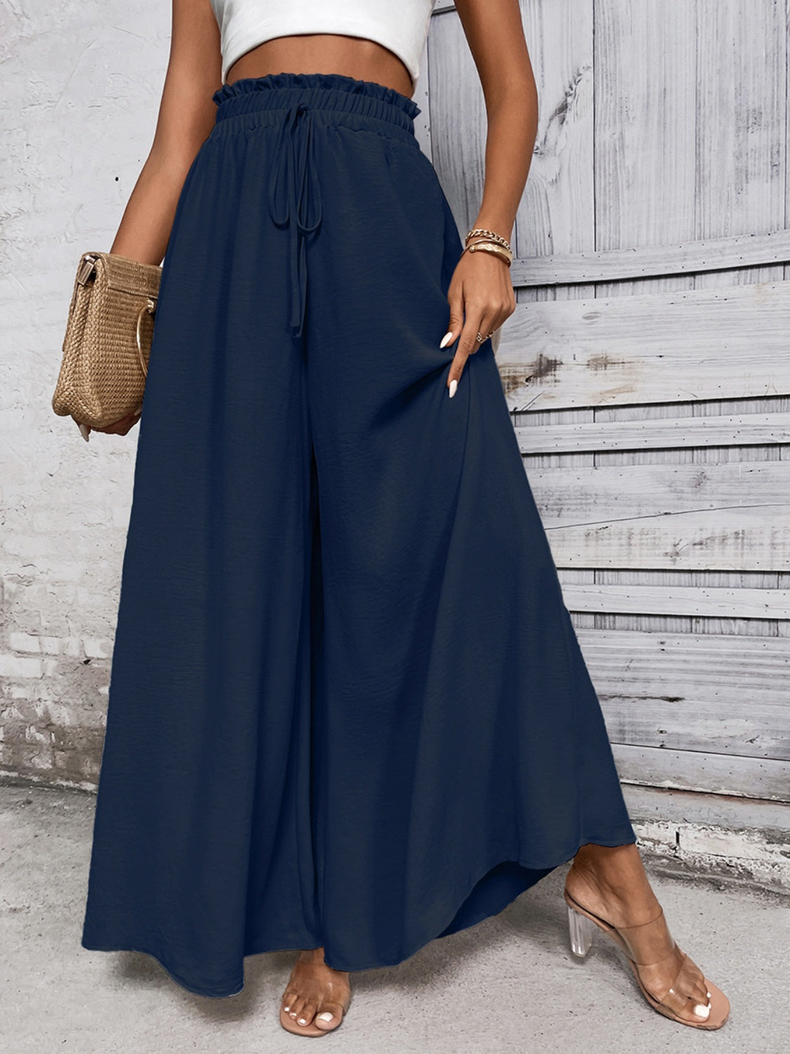Cotton Tied High Waist Wide Leg Pants