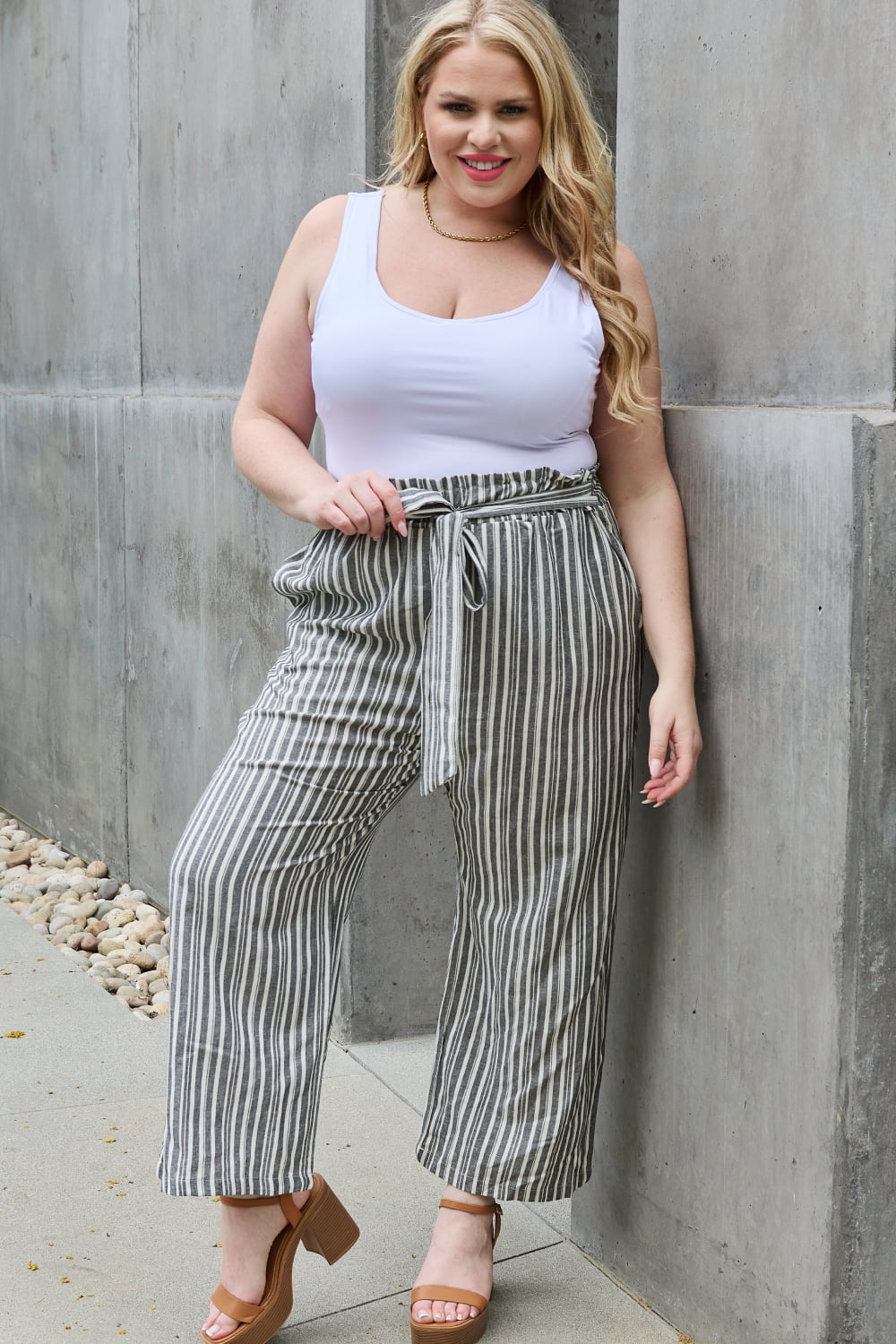 Linen Full Size Waist Striped Culotte Pants