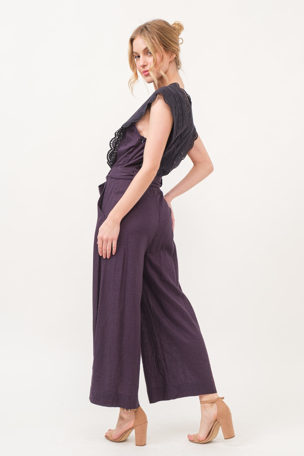 V Shape Laced Surplice Tie Waist Jumpsuit