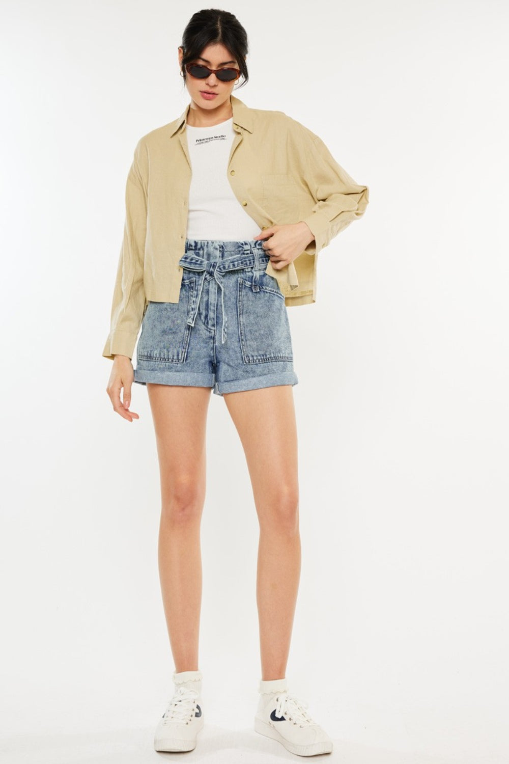 Cotton High Rise Paperbag Denim Shorts