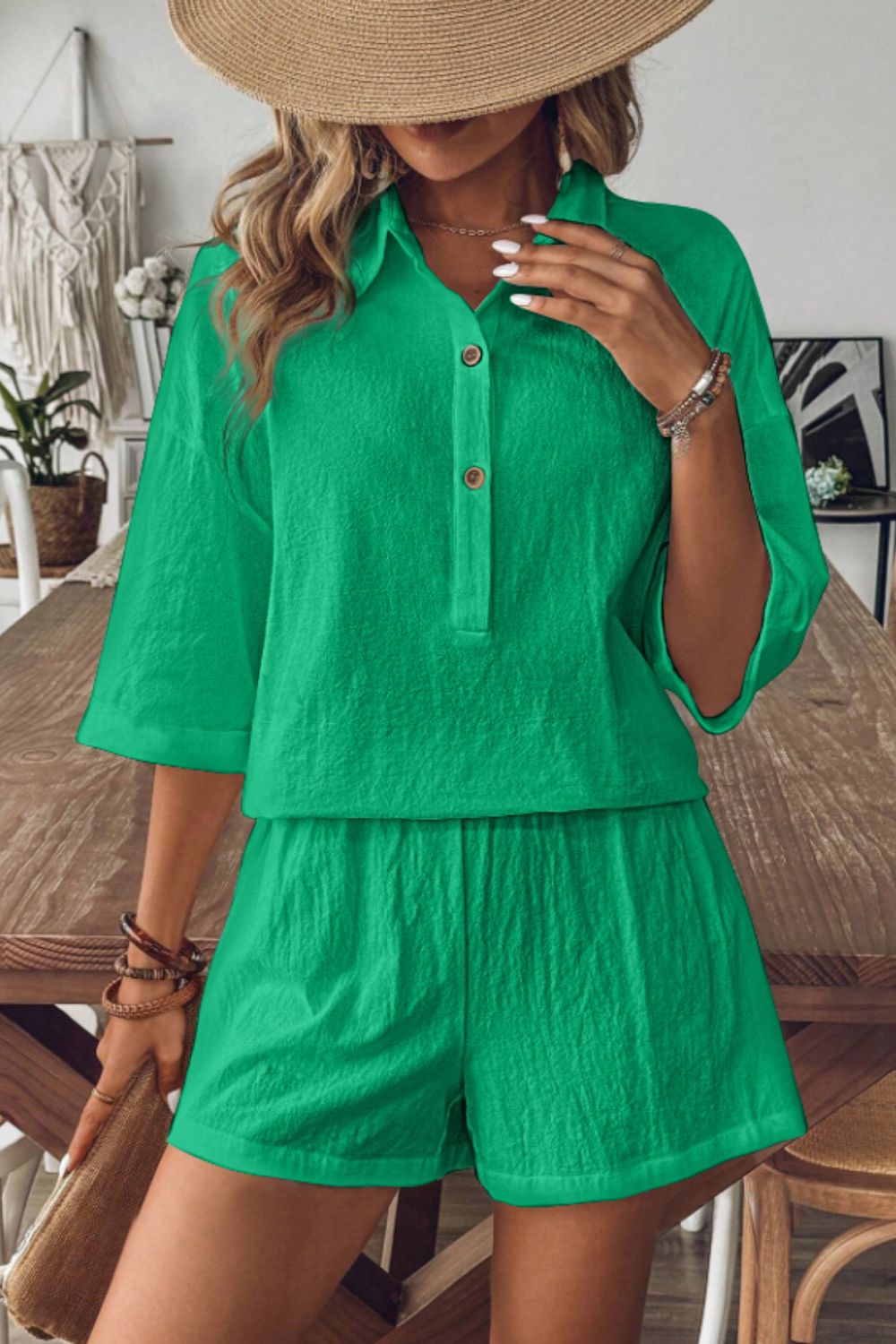 Cotton Collared Neck Half Sleeve Top and Shorts Set