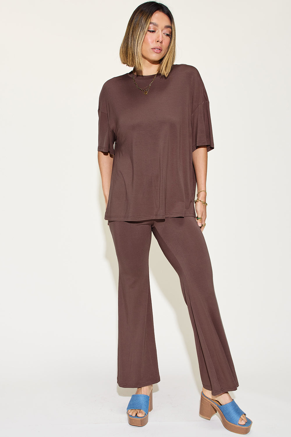 Basic Bamboo Drop Shoulder T-Shirt and Flare Pants Set