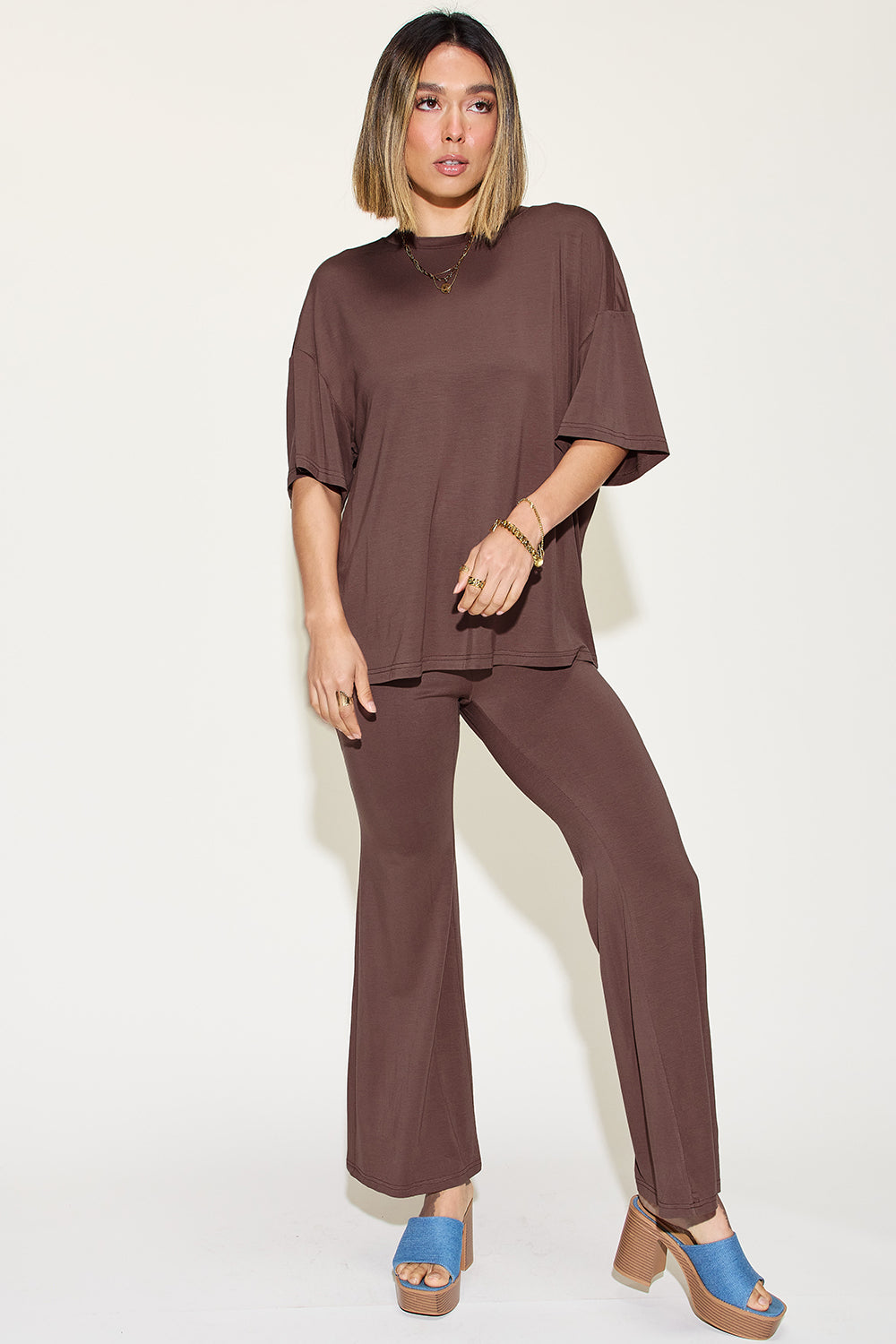 Basic Bamboo Drop Shoulder T-Shirt and Flare Pants Set