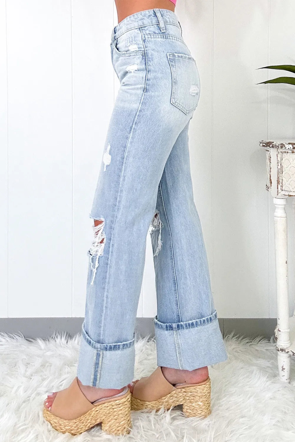 High Waist Cotton Jeans with Pockets