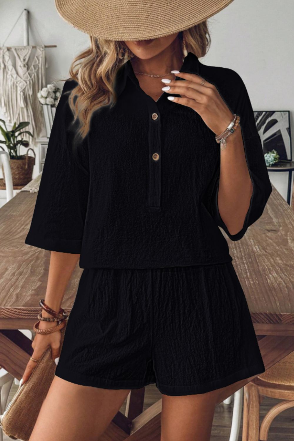Cotton Collared Neck Half Sleeve Top and Shorts Set
