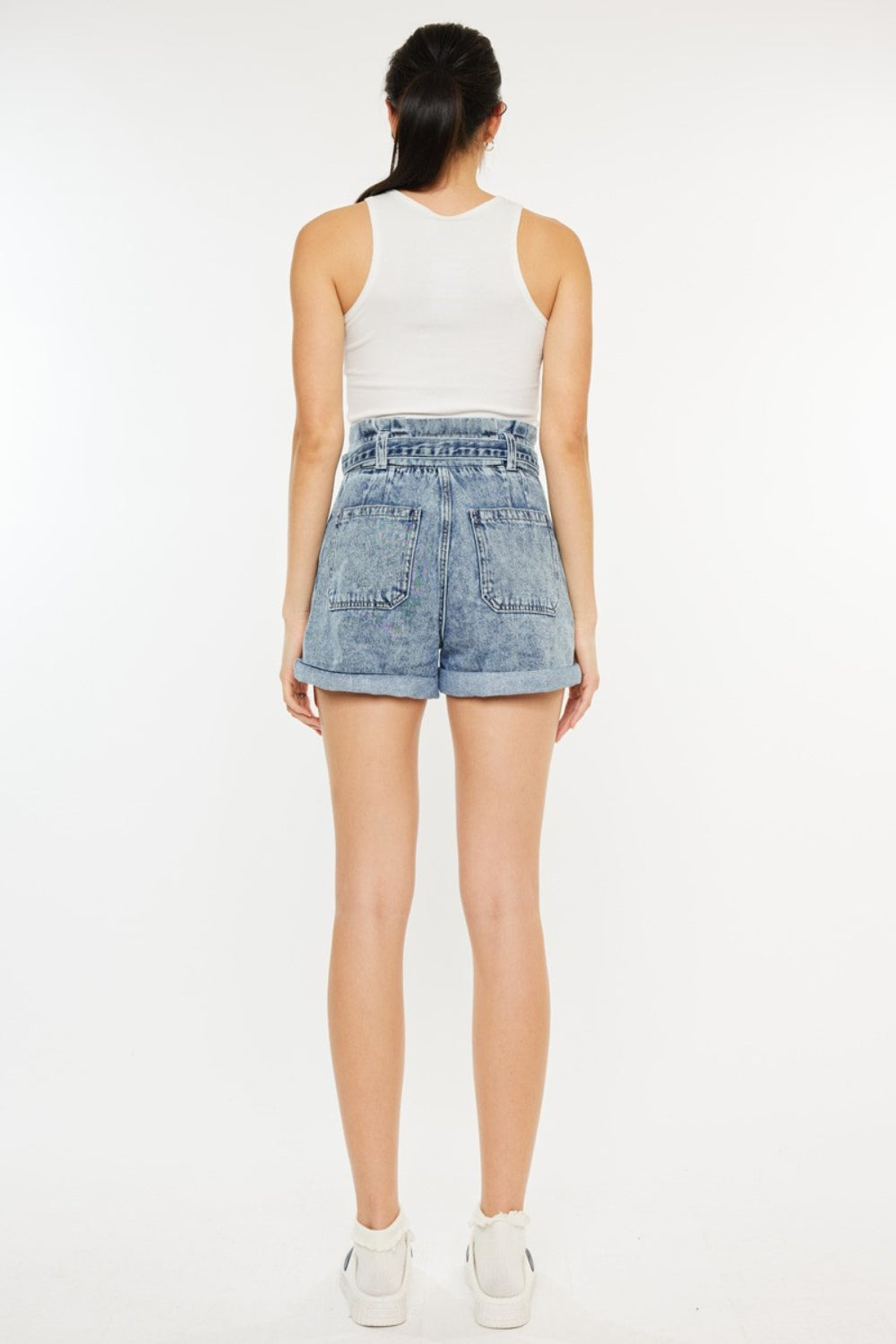 Cotton High Rise Paperbag Denim Shorts