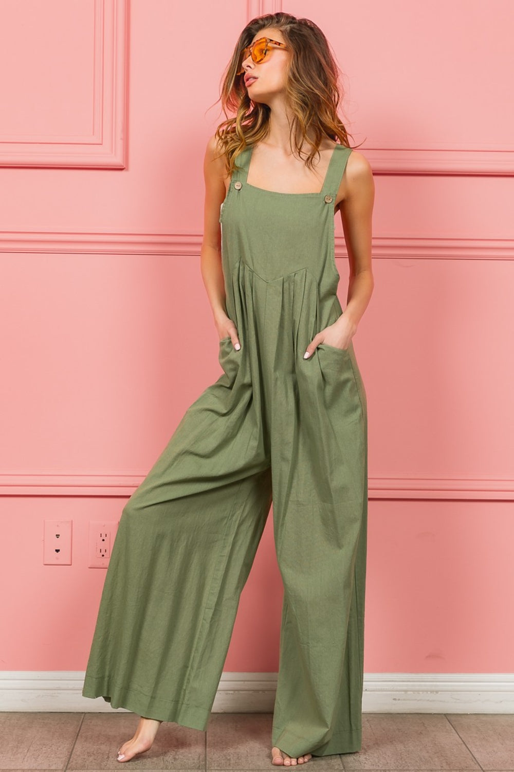 Cotton Wide-Leg Overalls with Pockets