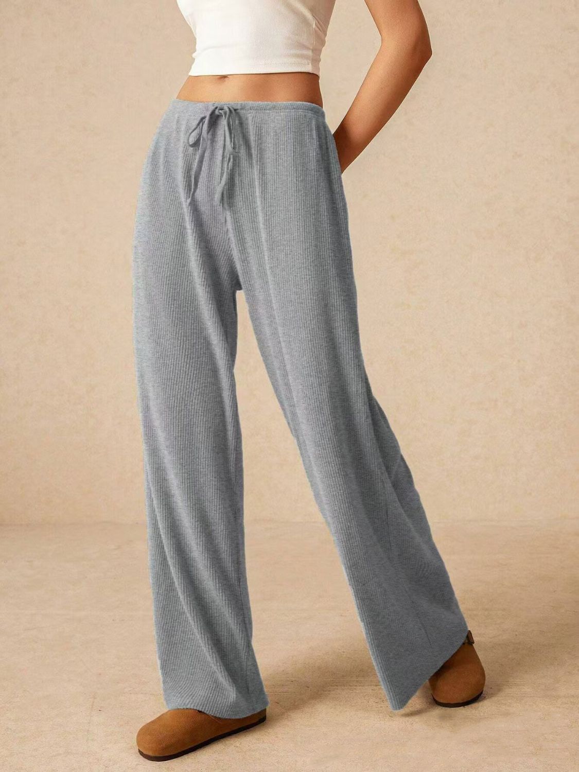 Ribbed Drawstring Wide Leg Cotton Pants
