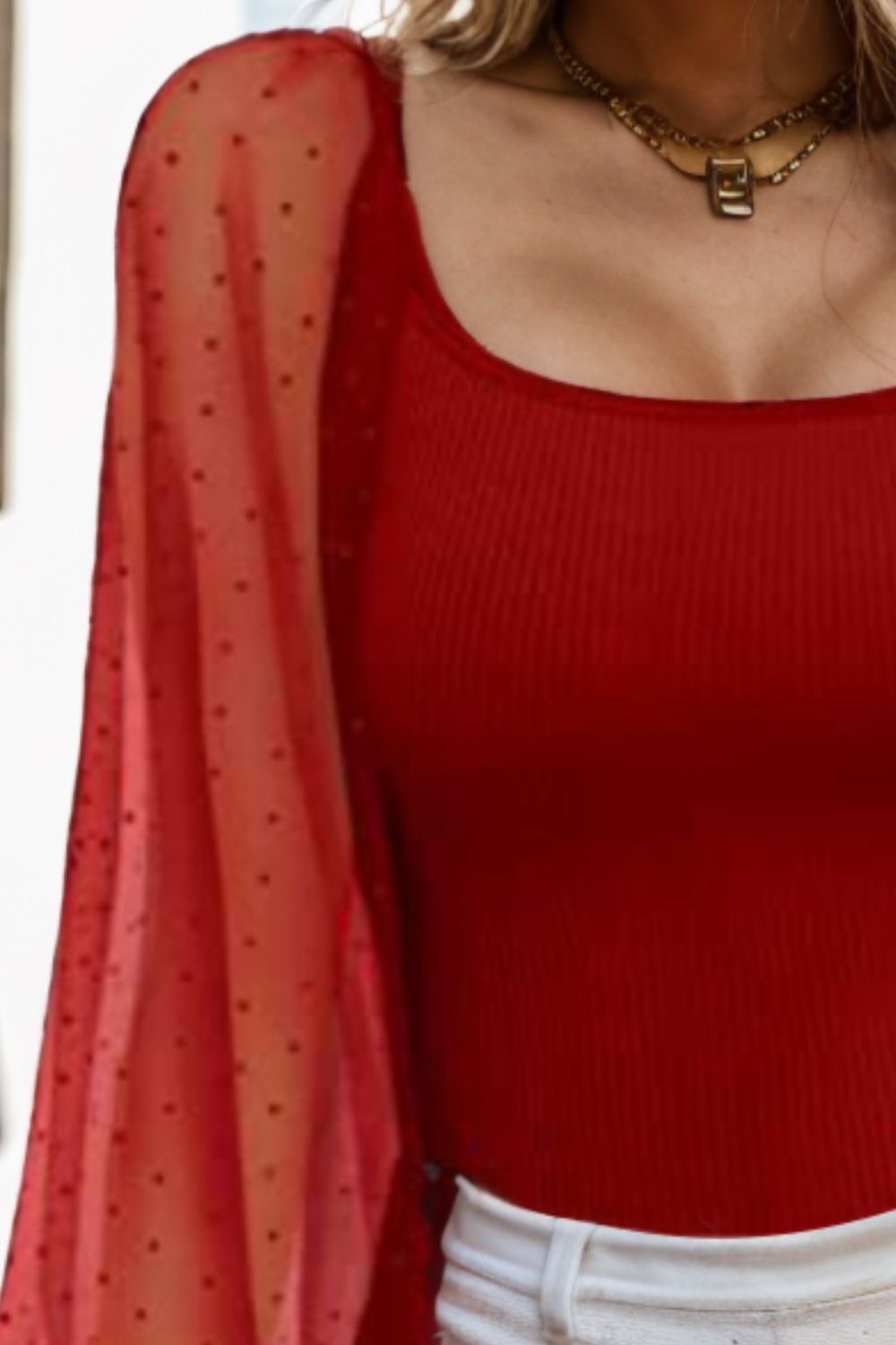 Cotton Square Neck Lantern Sleeve Blouse