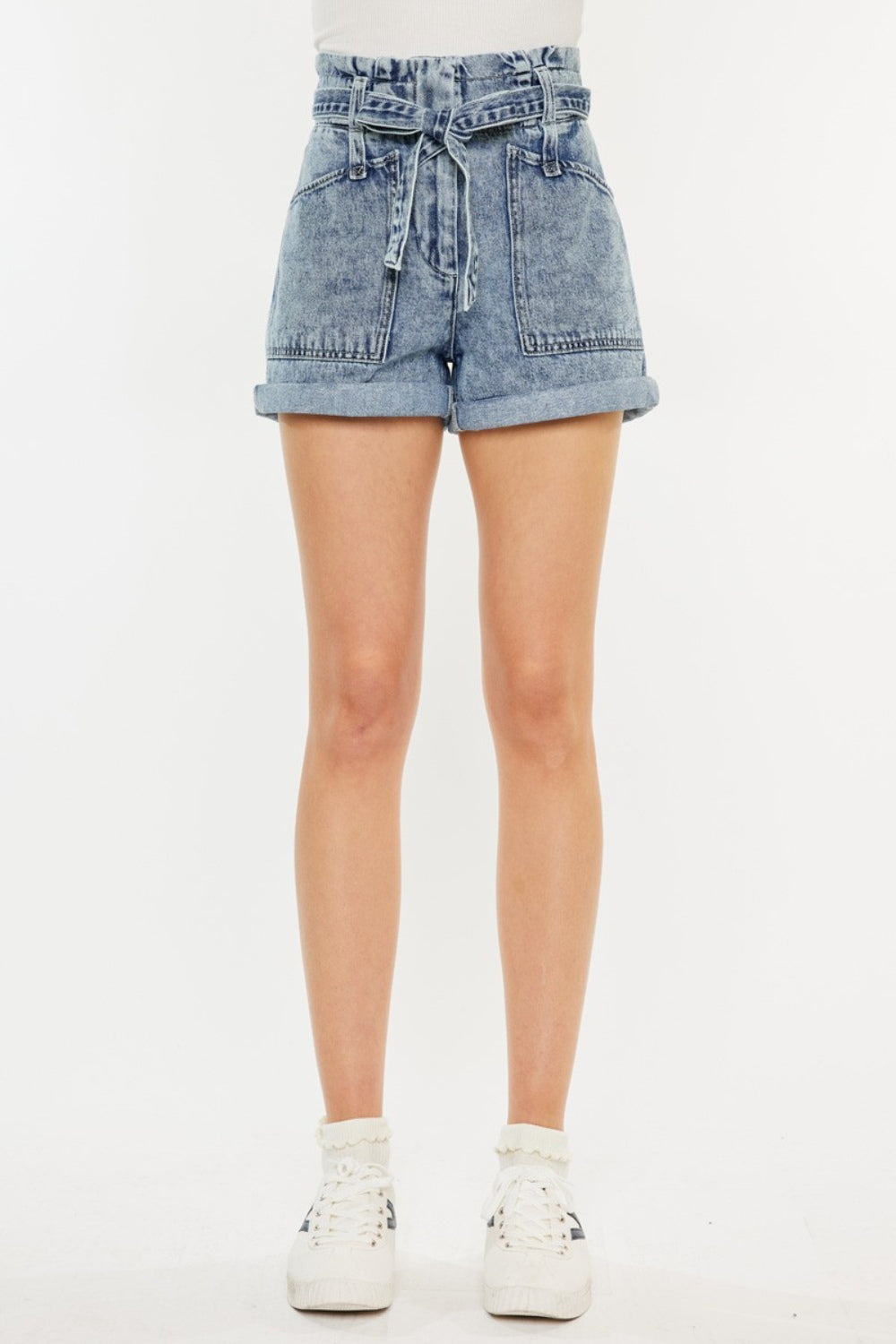 Cotton High Rise Paperbag Denim Shorts