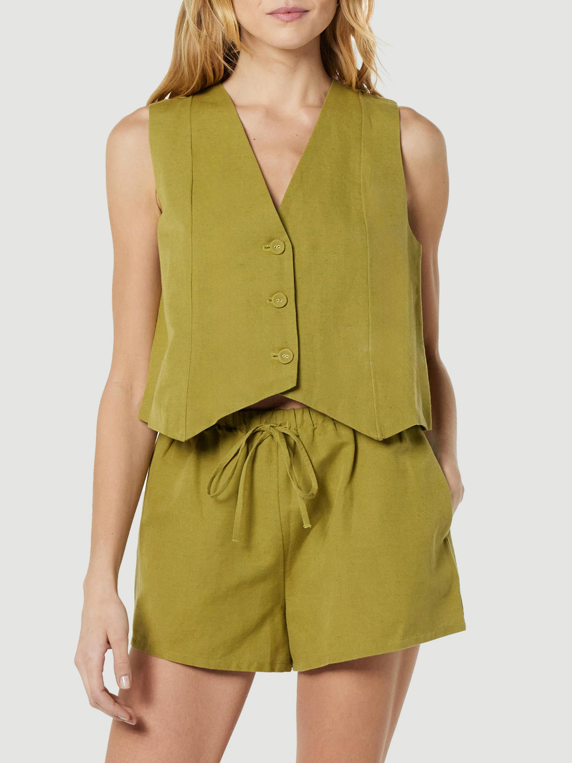 Button Up Cotton Top and Pocketed Shorts Set