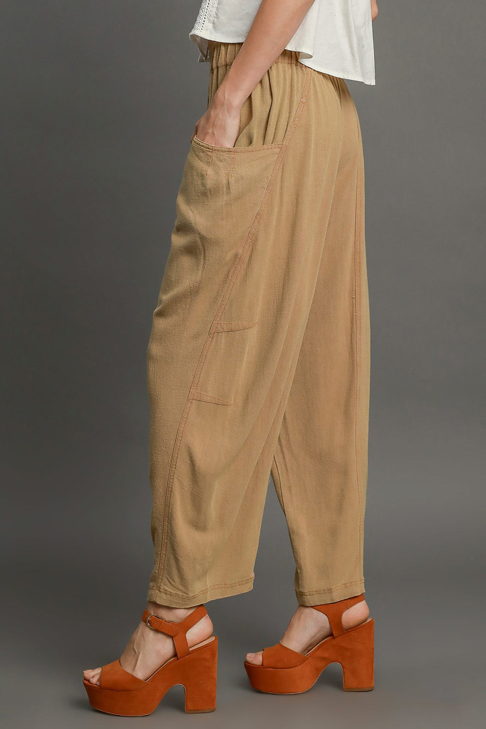 Elastic Waist Baggy Fit Cotton and Linen Pants