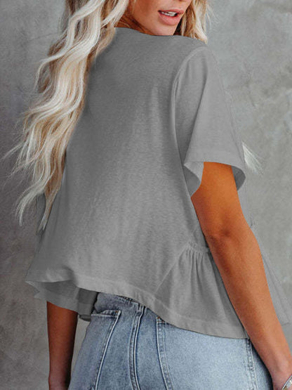 Tied Plunge Short Sleeve Cotton Blouse