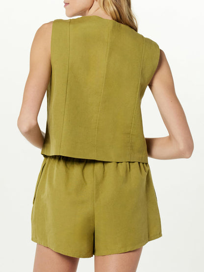 Button Up Cotton Top and Pocketed Shorts Set