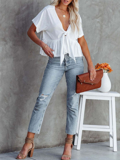Tied Plunge Short Sleeve Cotton Blouse