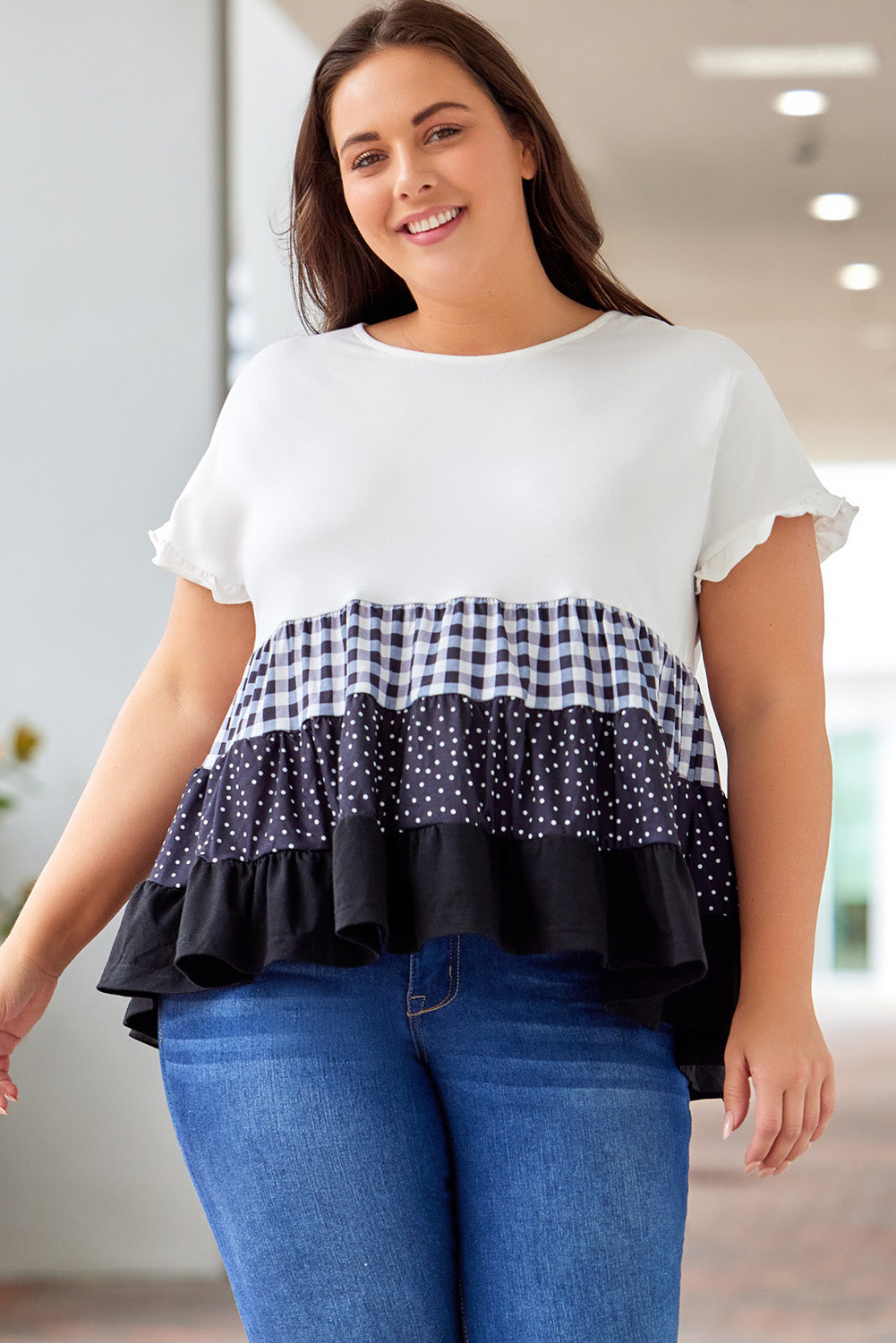 Cotton Plus Size Plaid Color Block Tiered Blouse