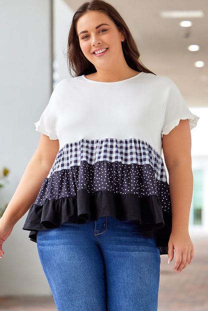 Cotton Plus Size Plaid Color Block Tiered Blouse