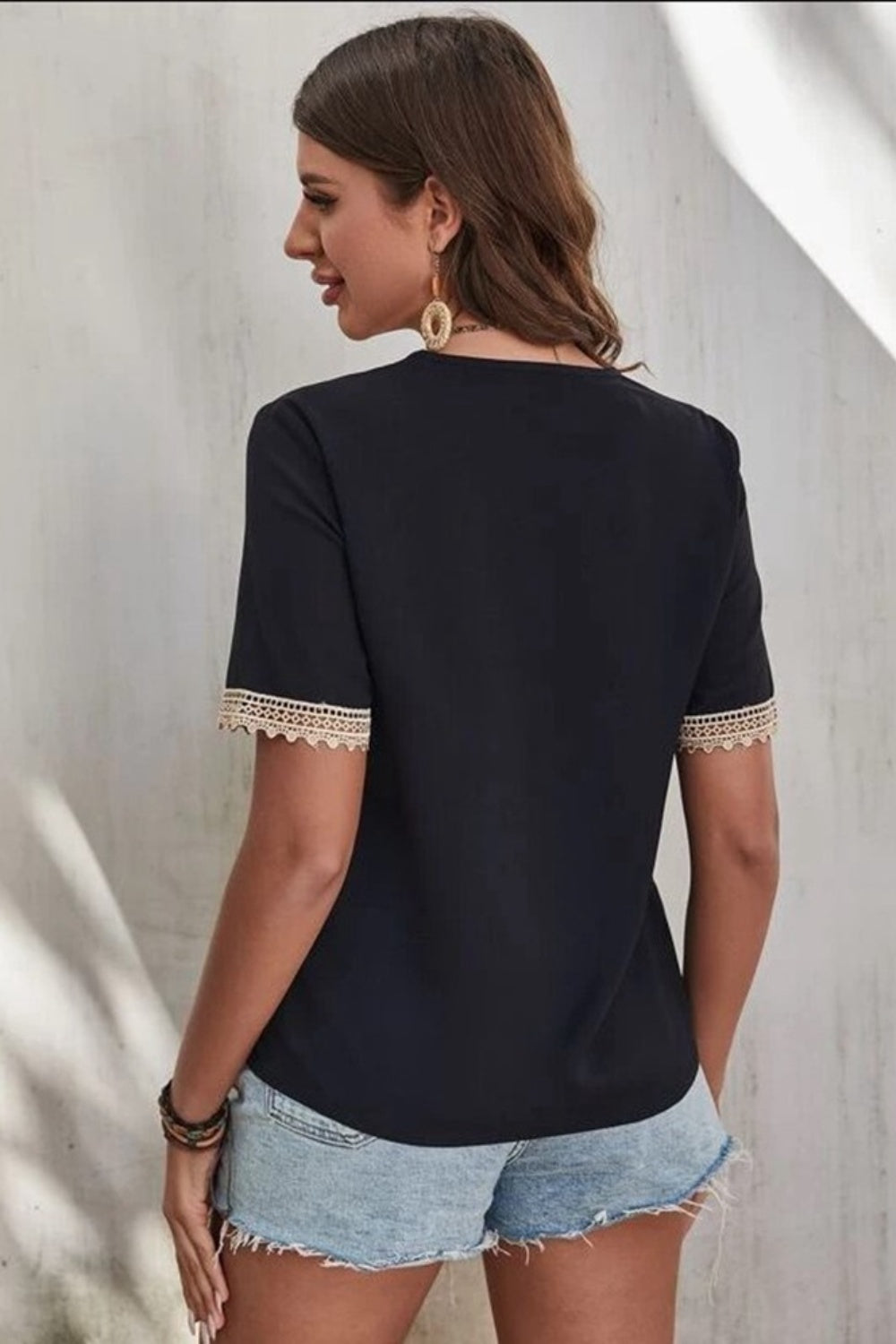 Cotton Lace Detail V-Neck Short Sleeve Blouse
