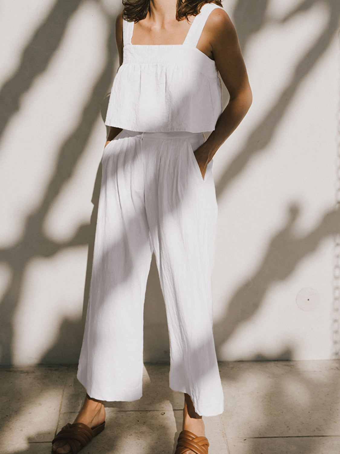 Square Neck Wide Strap Cotton Top and Pants Set