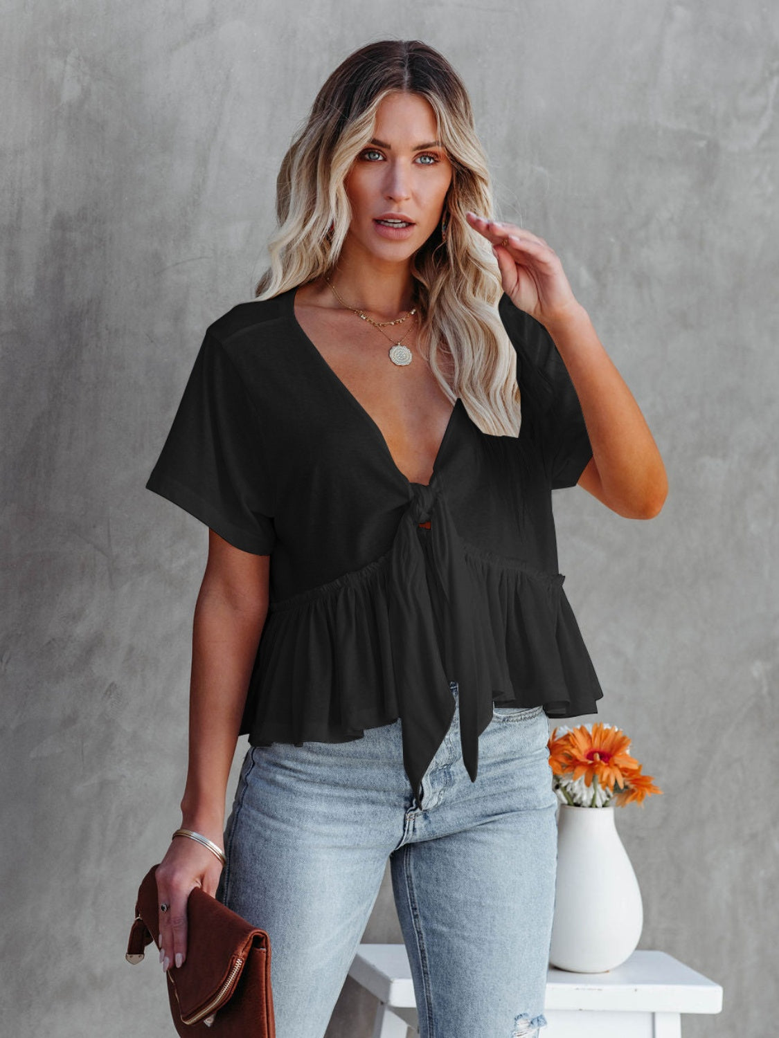 Tied Plunge Short Sleeve Cotton Blouse