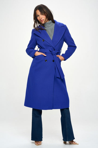 Vegan Wool Double-Breasted Longline Coat with Belt
