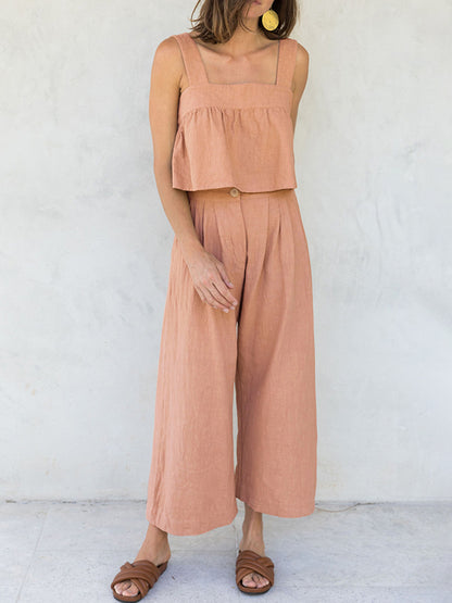 Square Neck Wide Strap Cotton Top and Pants Set
