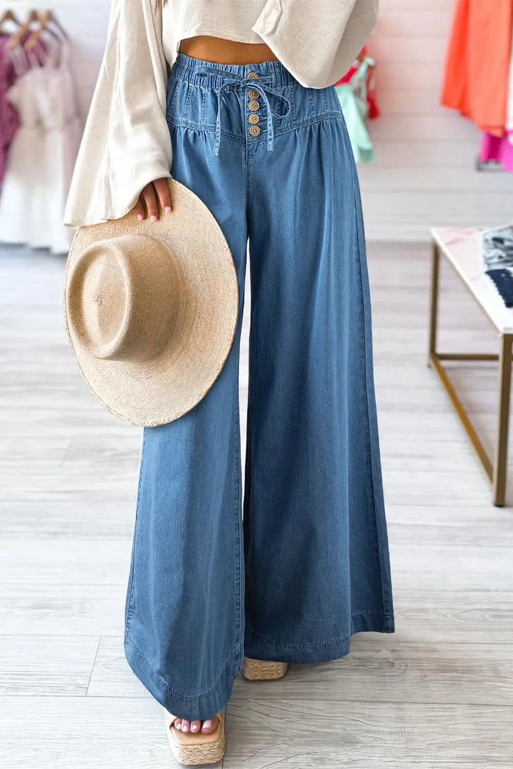 Cotton Elastic Waist Wide Leg Jeans