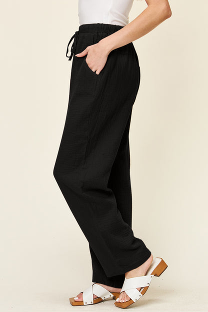 Cotton Texture Drawstring Straight Pants