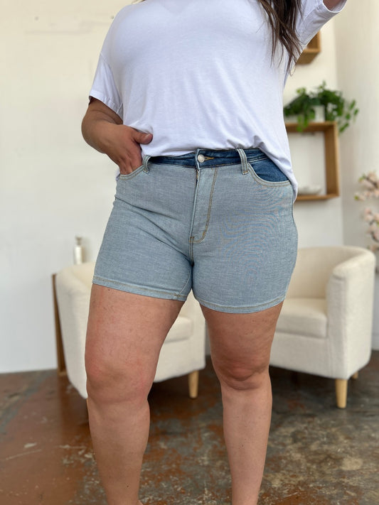 Cotton  Full Size Color Block Denim Shorts