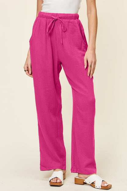 Cotton Texture Drawstring Straight Pants
